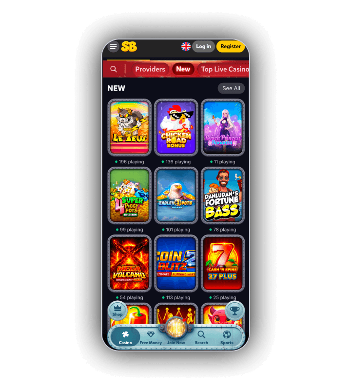 SpinBob game lobby on a phone with a red bar for Providers, New and Top Live Casino and a NEW row with Le Zeus, Chicken Road Bonus, Beach Princess Bonanza, 4 Super Piggy Pots, Eagles 3 Pots, Danludans Fortune Bass, Mega Volcano, Coin Blitz 2 and Cash n Spins 27 Plus