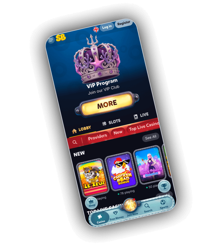SpinBob lobby on a phone with a purple crown and trident above the words VIP Program, Join our VIP Club and a gold MORE button, the tabs Lobby, Slots and Live, a red bar with Providers, New and Top Live Casino and a row of new games