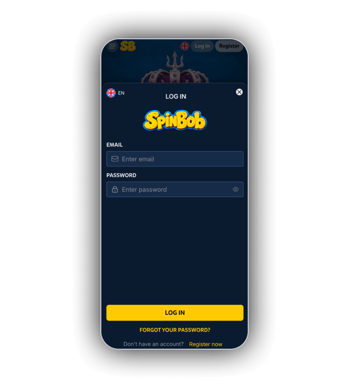 SpinBob LOG IN window on a phone with an EN flag, the SpinBob logo, e-mail and password fields, a yellow LOG IN button, a FORGOT YOUR PASSWORD link and a Register now link