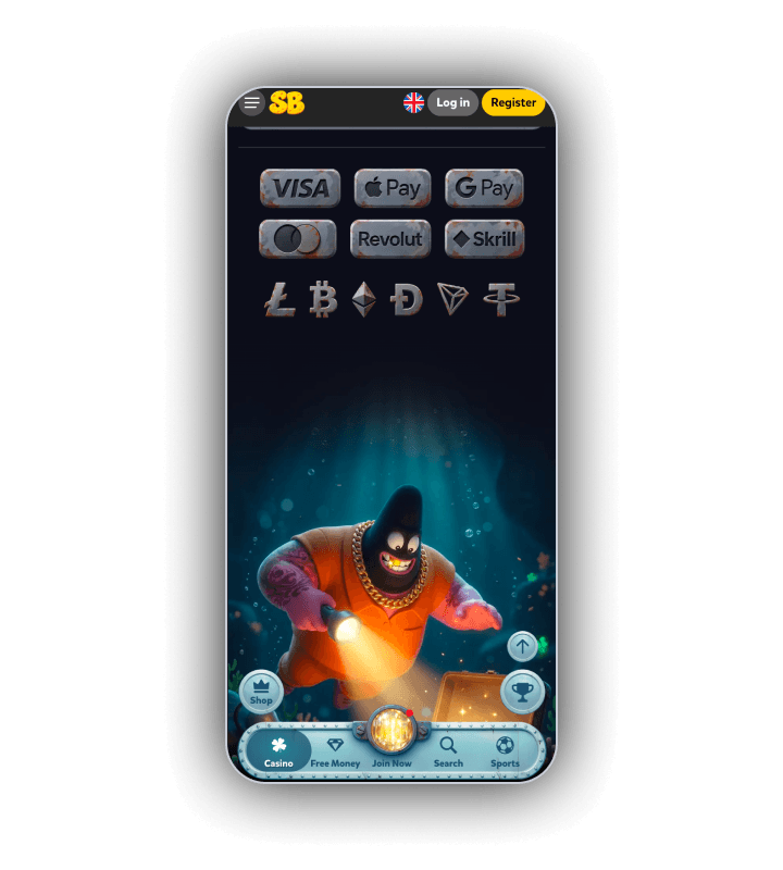 SpinBob payment methods on a phone with Visa, Apple Pay, Google Pay, Mastercard, Revolut and Skrill tiles above the logos for Litecoin, Bitcoin, Ethereum, Dogecoin, Tron and Tether and a bandit holding a lamp over a treasure chest