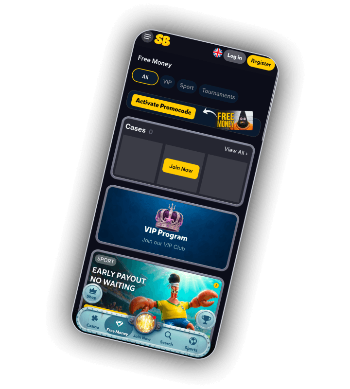 SpinBob Free Money page on a phone with the filters All, VIP, Sport and Tournaments, a yellow Activate Promocode button, a Cases block with a Join Now button, a VIP Program card and a Sport banner reading Early payout no waiting