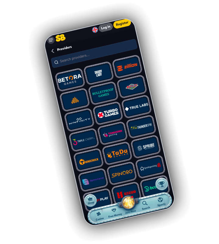 SpinBob Providers page on a phone with a search field and tiles for Betora Games, Shady Lady, Zillion, Bulletproof Games, Reflex Gaming, Jelly, Winfinity, Turbo Games, True Labs, Triple Cherry, Tom Horn Gaming, Thunderspin, Spribe, Thunderkick, TaDa Gaming, Spadegaming, Spinomenal and Spinoro