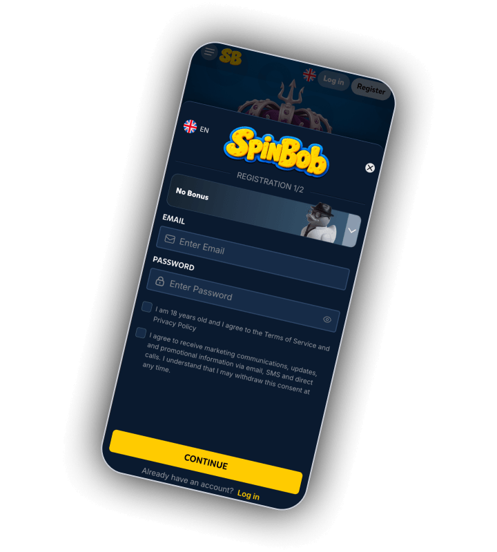 SpinBob registration step 1 of 2 on a phone with the SpinBob logo, an EN language flag, a No Bonus selector, e-mail and password fields, two consent boxes and a yellow CONTINUE button