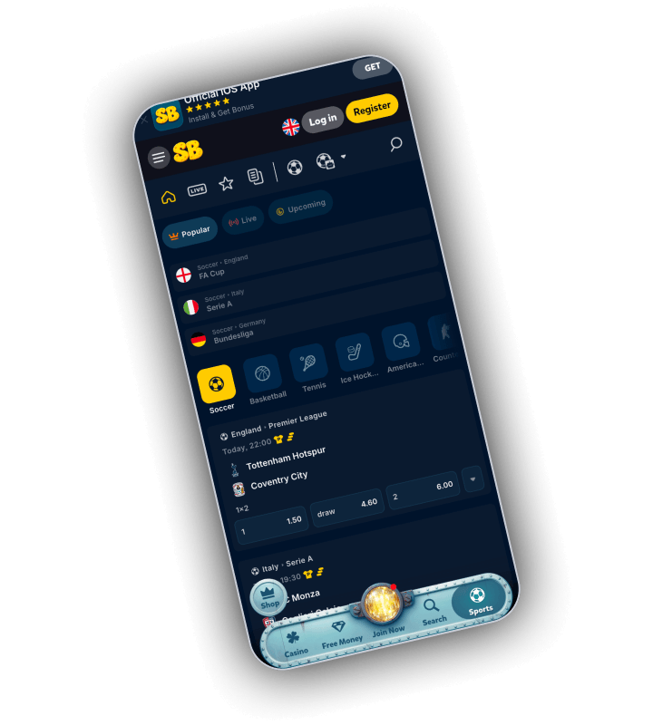 SpinBob sportsbook on a phone with an Official iOS App banner, the tabs Popular, Live and Upcoming, the FA Cup, Serie A and Bundesliga, sport icons for soccer, basketball, tennis and ice hockey and a Premier League match with 1x2 odds