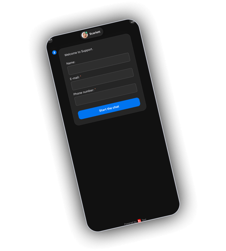 SpinBob support chat on a phone with the agent Scarlett, the greeting Welcome to Support, the fields Name, E-mail and Phone number and a blue Start the chat button