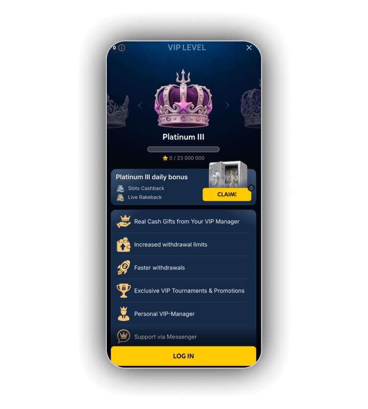 SpinBob VIP Level screen on a phone with a purple crown for Platinum III, a progress bar at 0 of 23 000 000, a Platinum III daily bonus card with Slots Cashback, Live Rakeback and a CLAIM button and a list of six VIP perks above a LOG IN button